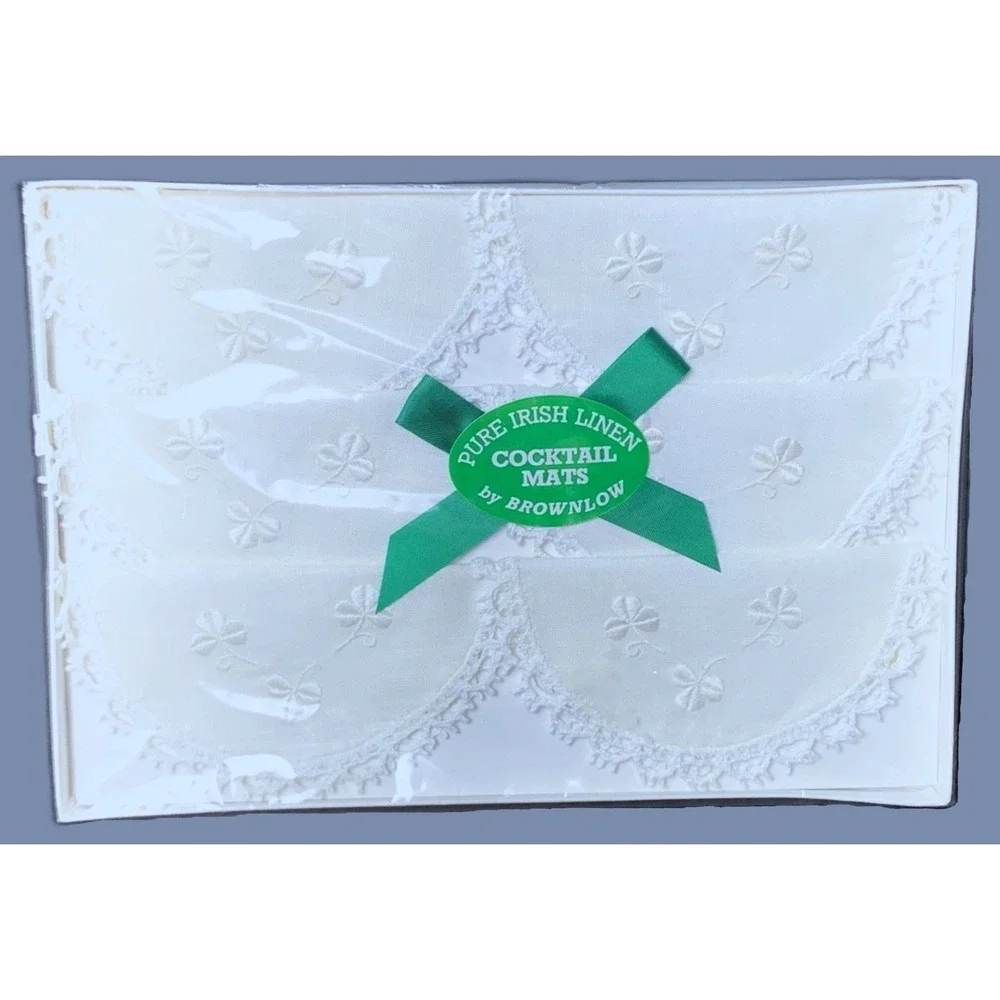 Irish Linen White Cocktail Mat Coasters 6pc Lace Edged Shamrock Embroidered NOS